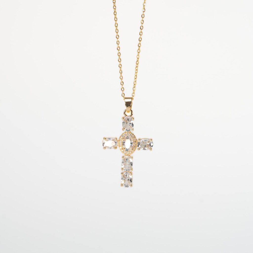Collier croix cristal plaqué or 18 carats sertie de cristaux transparents