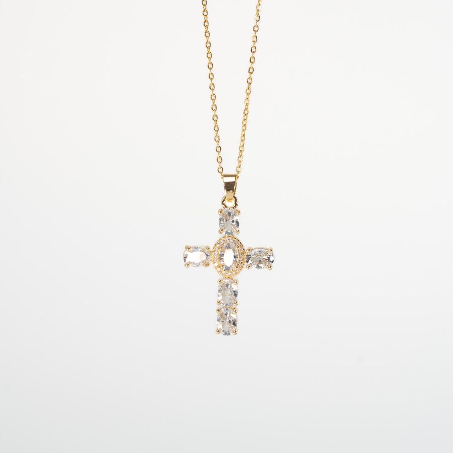 Collier croix cristal transparente plaquée or